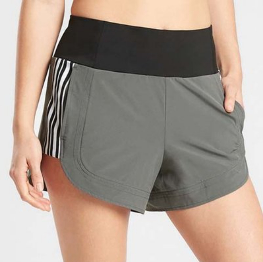 Athleta Ascender Shorts 4" inseam women's 0 Herb Olive color with stripes copy